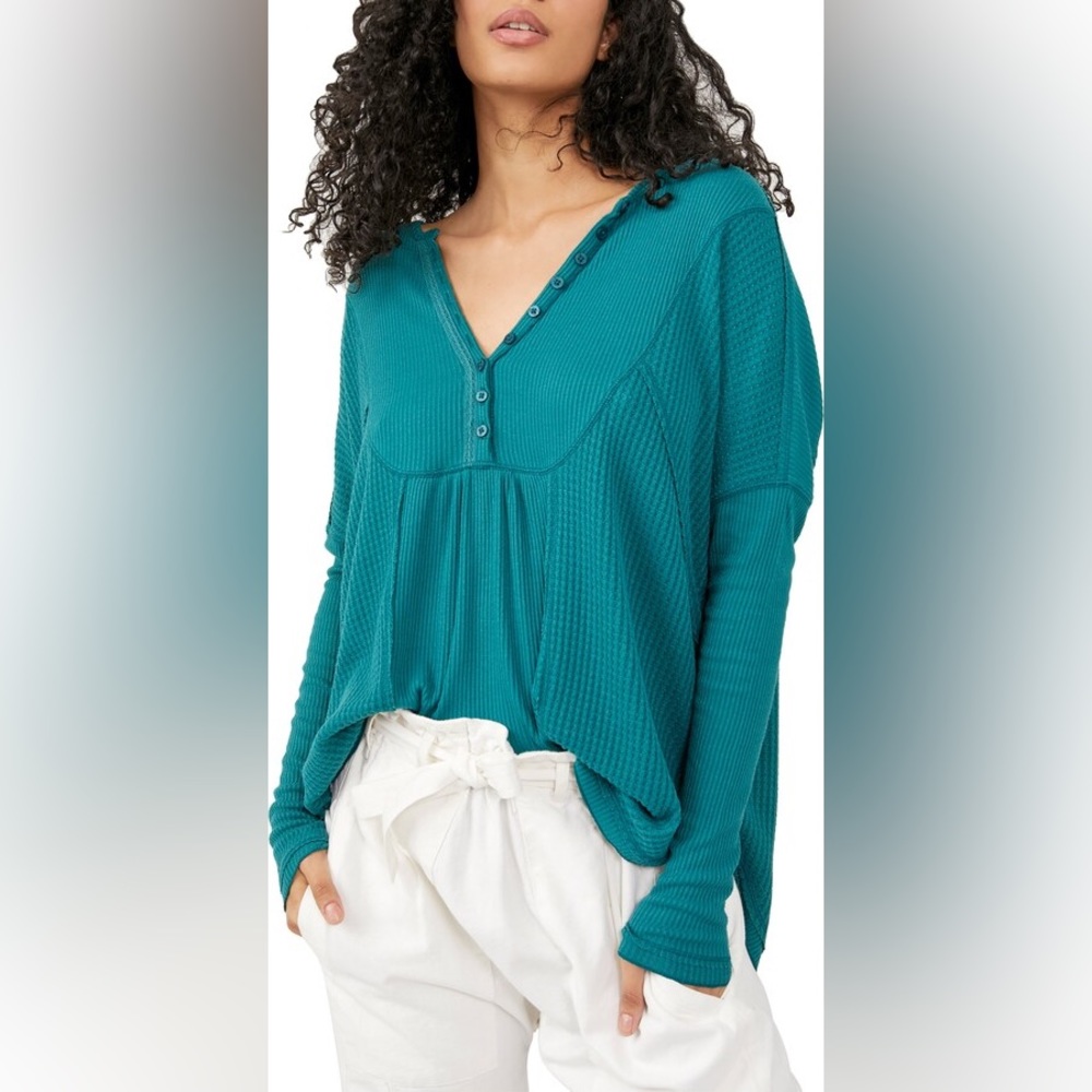 NWT Free People Leo Henley Evergreen Teal Green Thermal Long Sleeve Knit Tunic S
